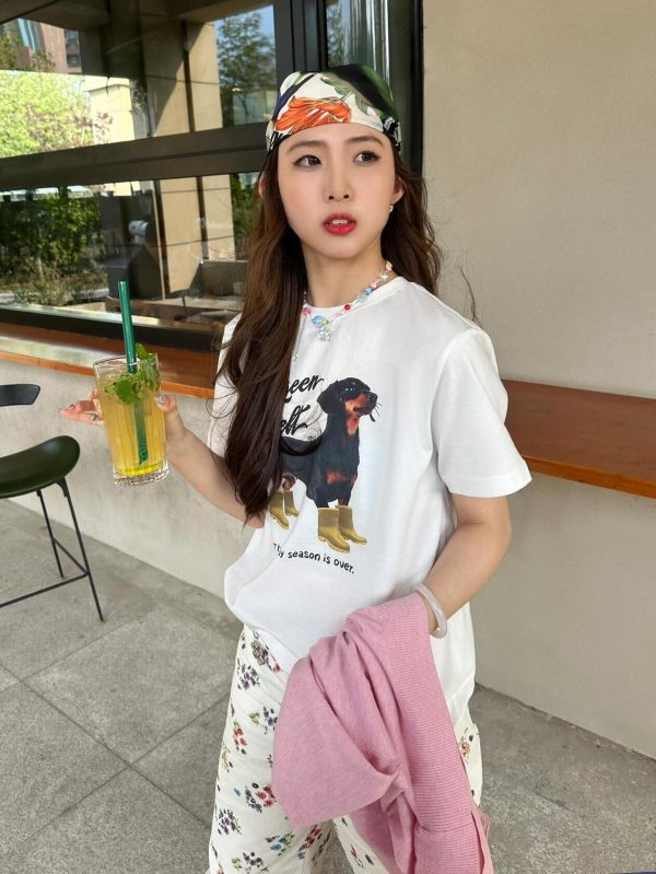 Trendy Korean Casual Loose-Fit Dog Print Summer Short-Sleeve T-Shirt - Versatile Pure Cotton Top for Instagram Style