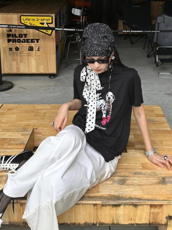 Trendy Korean Casual Loose-Fit Dog Print Summer Short-Sleeve T-Shirt - Versatile Pure Cotton Top for Instagram Style