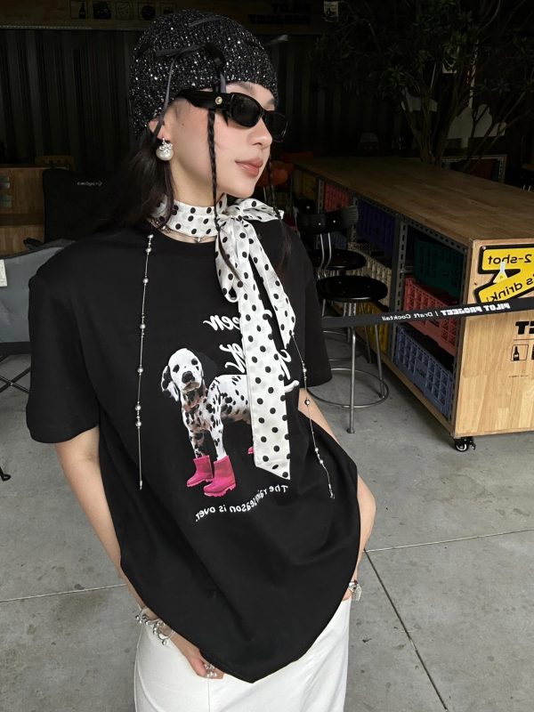 Trendy Korean Casual Loose-Fit Dog Print Summer Short-Sleeve T-Shirt - Versatile Pure Cotton Top for Instagram Style