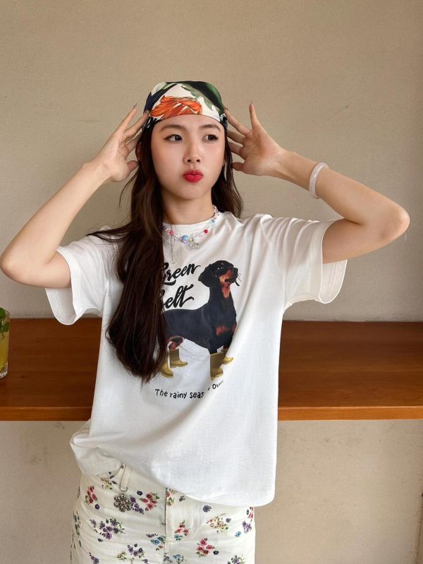 Trendy Korean Casual Loose-Fit Dog Print Summer Short-Sleeve T-Shirt - Versatile Pure Cotton Top for Instagram Style
