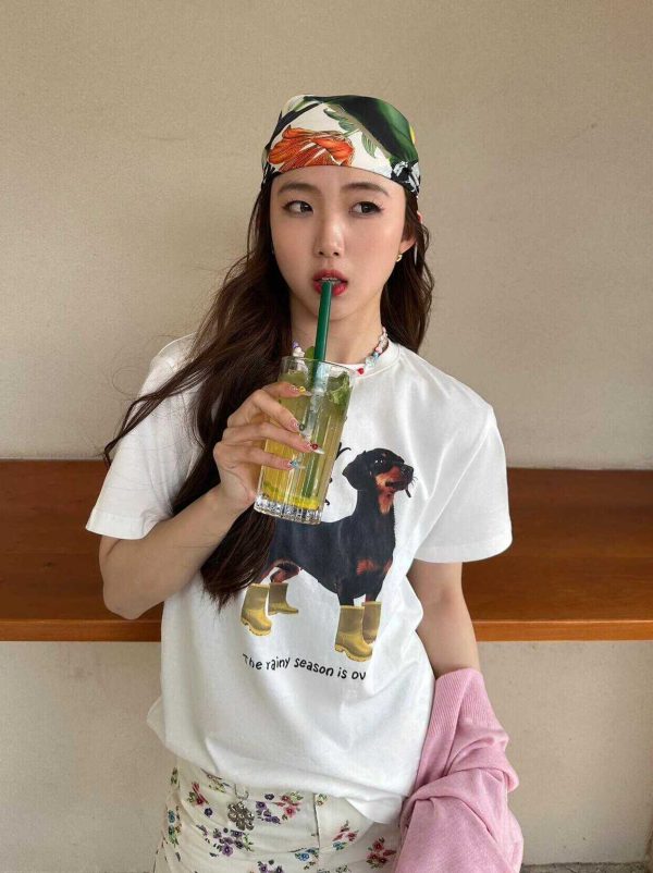 Trendy Korean Casual Loose-Fit Dog Print Summer Short-Sleeve T-Shirt - Versatile Pure Cotton Top for Instagram Style