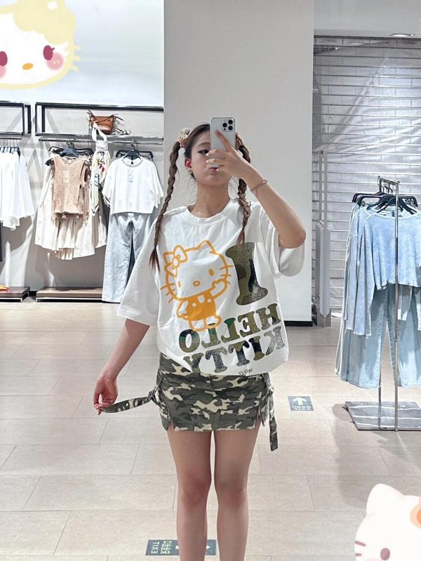 Trendy Korean Style Cute Kitty Casual Loose Heavyweight Pure Cotton Short Sleeve T-Shirt for Comfortable Everyday Wear