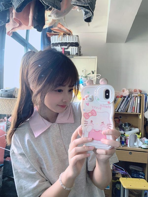 Trendy Korean Style Embroidered Patchwork Plaid Polo Short Sleeve T-Shirt for Women - Summer College Fashion in Gray