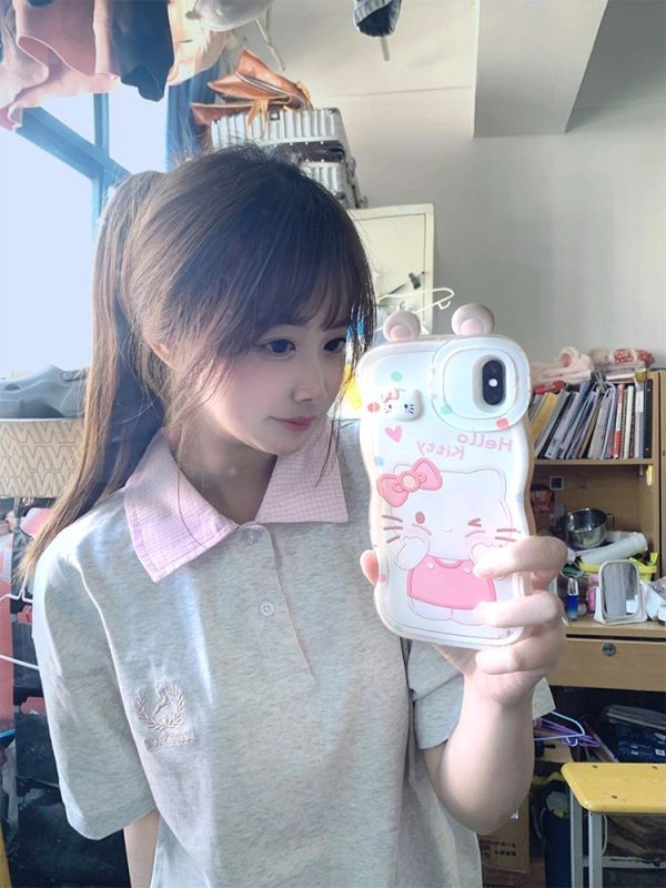 Trendy Korean Style Embroidered Patchwork Plaid Polo Short Sleeve T-Shirt for Women - Summer College Fashion in Gray