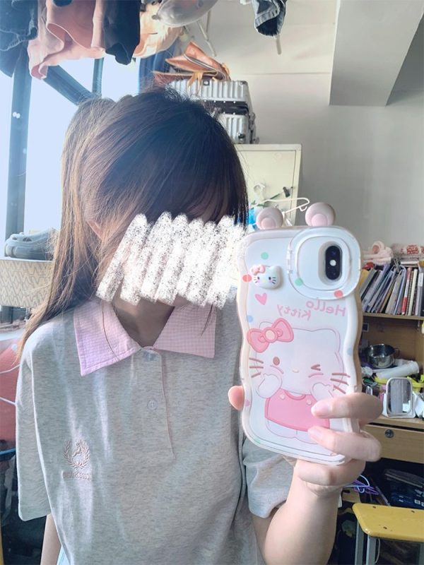 Trendy Korean Style Embroidered Patchwork Plaid Polo Short Sleeve T-Shirt for Women - Summer College Fashion in Gray