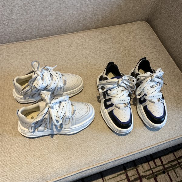 Trendy Lace-Up Casual Sneakers for Women - Versatile Thick-Soled Genuine Leather White Shoes for Spring 2025