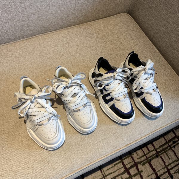 Trendy Lace-Up Casual Sneakers for Women - Versatile Thick-Soled Genuine Leather White Shoes for Spring 2025