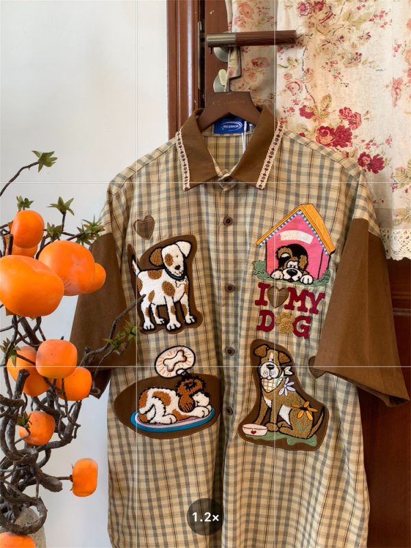 Trendy Loose Fit Short Sleeve Shirt for Women with Dog Embroidery and Plaid Cartoon Patchwork - Vintage 90s Style