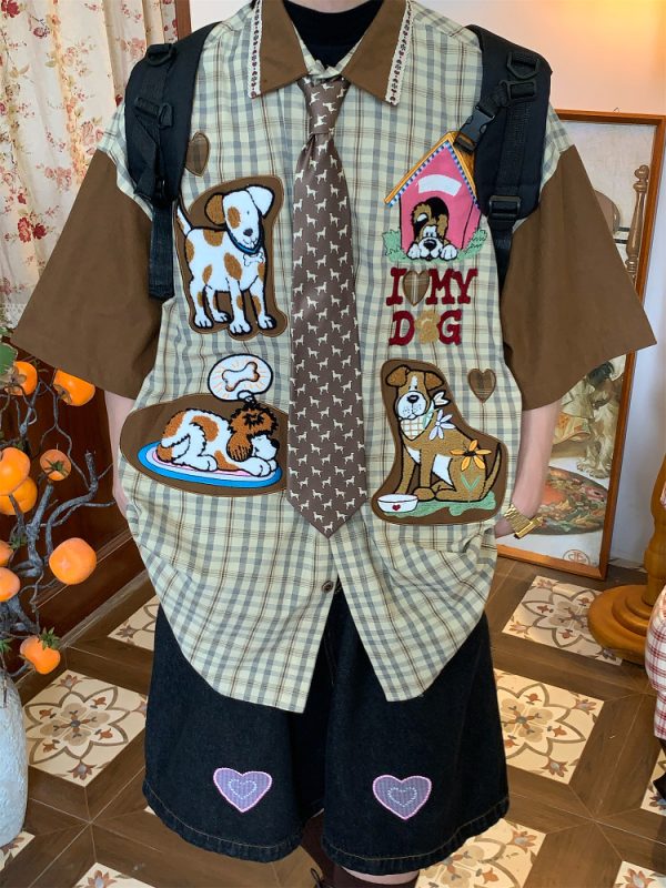 Trendy Loose Fit Short Sleeve Shirt for Women with Dog Embroidery and Plaid Cartoon Patchwork - Vintage 90s Style