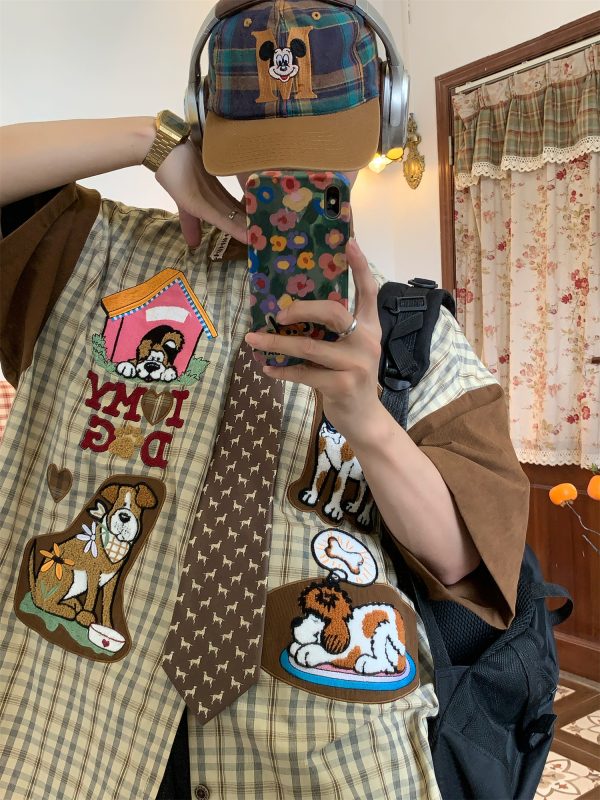Trendy Loose Fit Short Sleeve Shirt for Women with Dog Embroidery and Plaid Cartoon Patchwork - Vintage 90s Style