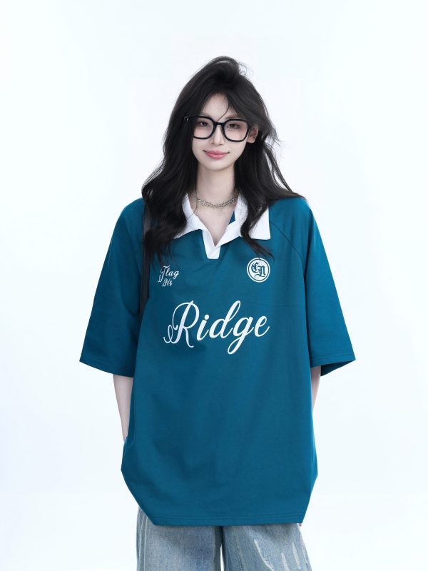 Trendy Oversized American College Style Sports T-Shirt for Women - Short Sleeve Polo, Casual Relaxed Fit, Y2K Fashion