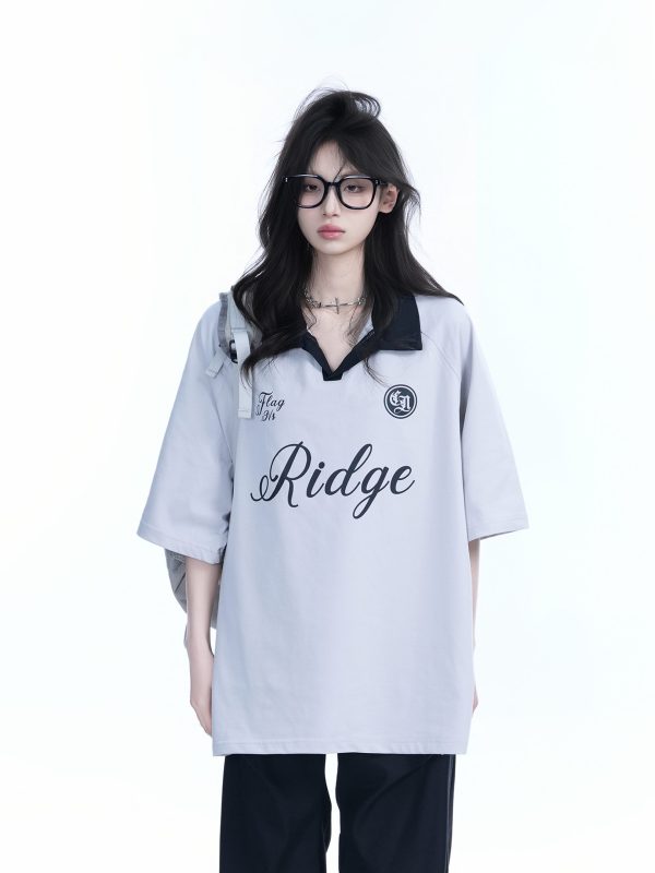 Trendy Oversized American College Style Sports T-Shirt for Women - Short Sleeve Polo, Casual Relaxed Fit, Y2K Fashion
