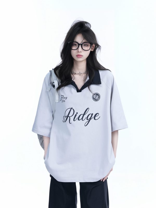 Trendy Oversized American College Style Sports T-Shirt for Women - Short Sleeve Polo, Casual Relaxed Fit, Y2K Fashion