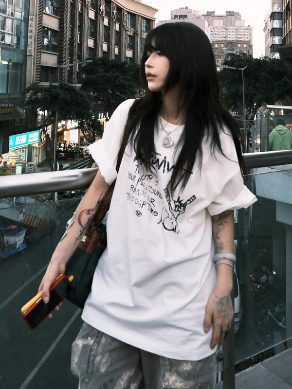 Trendy Oversized White T-Shirt for Women - Summer Graffiti Print Half Sleeve American Style Heavyweight Top