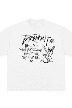 Trendy Oversized White T-Shirt for Women - Summer Graffiti Print Half Sleeve American Style Heavyweight Top