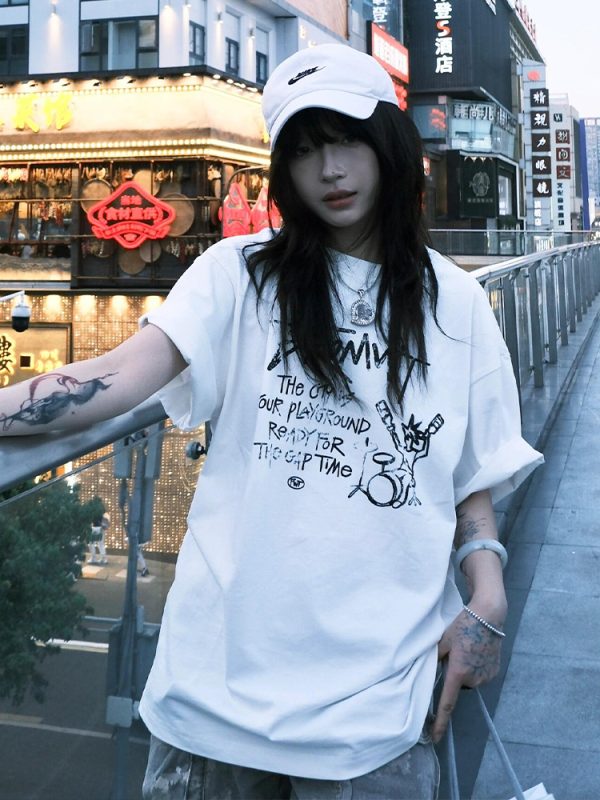 Trendy Oversized White T-Shirt for Women - Summer Graffiti Print Half Sleeve American Style Heavyweight Top