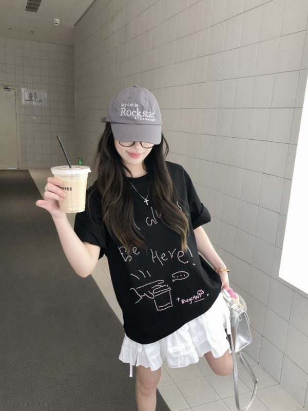 Trendy Relaxed Fit Beaded Letter Short Sleeve T-Shirt for Men and Women - Summer High-End Couple Style