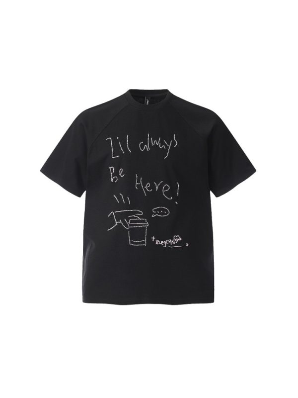 Trendy Relaxed Fit Beaded Letter Short Sleeve T-Shirt for Men and Women - Summer High-End Couple Style
