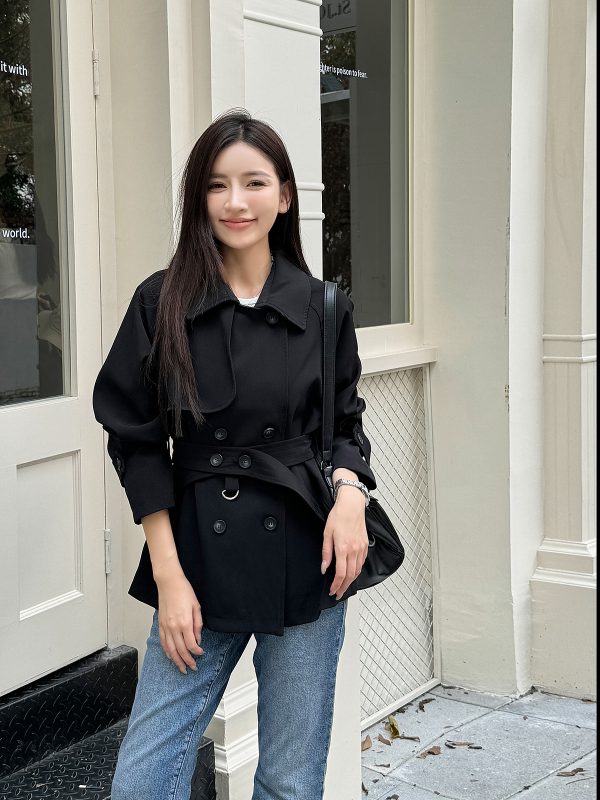 Trendy Short-Waisted Windbreaker Coat for Women with Collar, Long Sleeves, and Waist Tie - Casual Cardigan Style