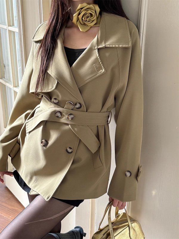 Trendy Short-Waisted Windbreaker Coat for Women with Collar, Long Sleeves, and Waist Tie - Casual Cardigan Style