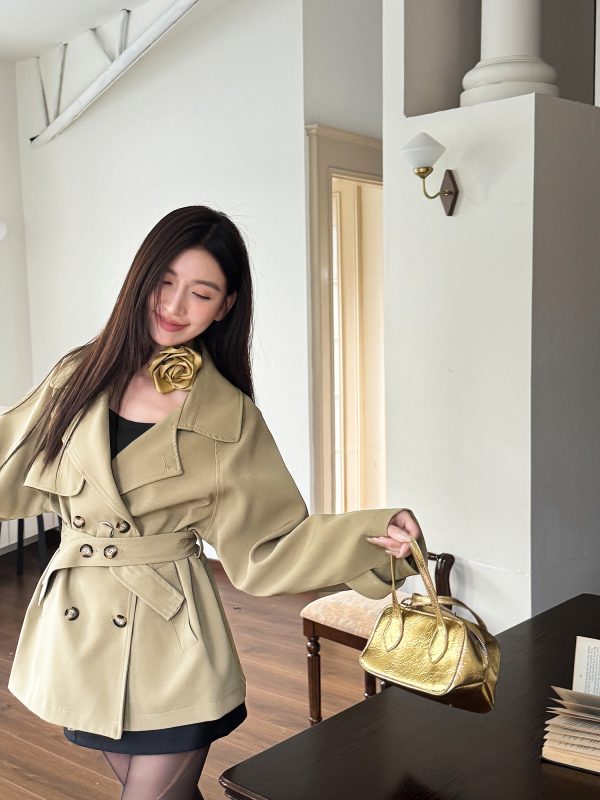 Trendy Short-Waisted Windbreaker Coat for Women with Collar, Long Sleeves, and Waist Tie - Casual Cardigan Style