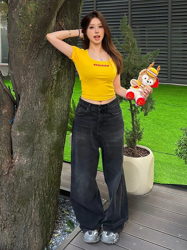 Trendy Women's American Big Collar T-Shirt, Summer Letter Print, Short Sleeve Fitted Crop Top, Y2K Style
