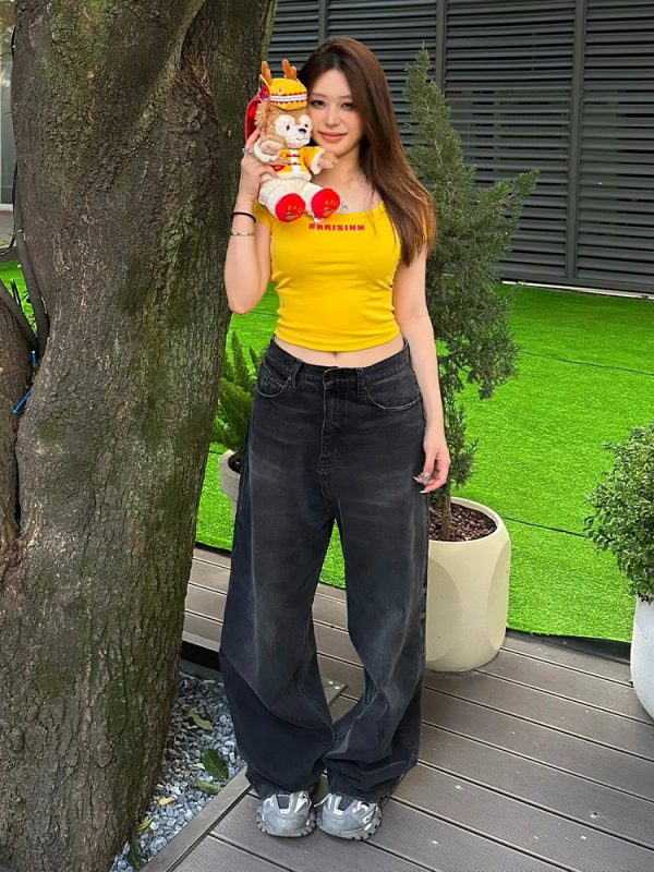 Trendy Women's American Big Collar T-Shirt, Summer Letter Print, Short Sleeve Fitted Crop Top, Y2K Style