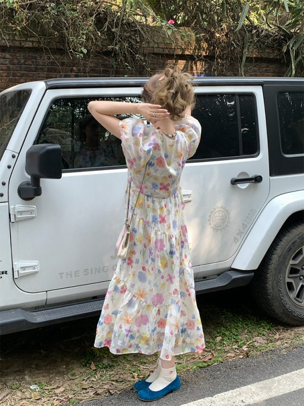 Twilight Galaxy Floral Dress - Women's Vintage French Retro Puff Sleeve Long Dress for Summer Vacation Style