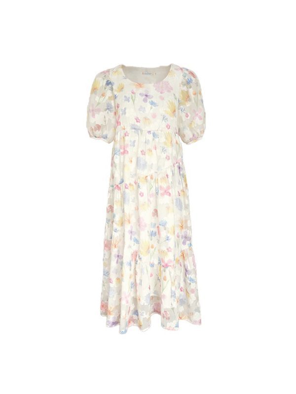 Twilight Galaxy Floral Dress - Women's Vintage French Retro Puff Sleeve Long Dress for Summer Vacation Style
