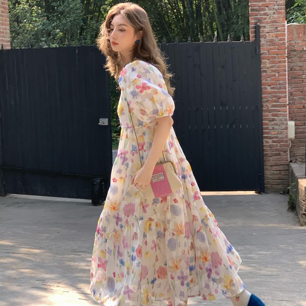 Twilight Galaxy Floral Dress - Women's Vintage French Retro Puff Sleeve Long Dress for Summer Vacation Style