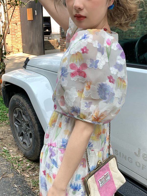 Twilight Galaxy Floral Dress - Women's Vintage French Retro Puff Sleeve Long Dress for Summer Vacation Style