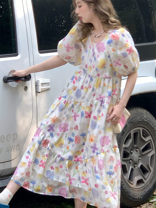 Twilight Galaxy Floral Dress - Women's Vintage French Retro Puff Sleeve Long Dress for Summer Vacation Style