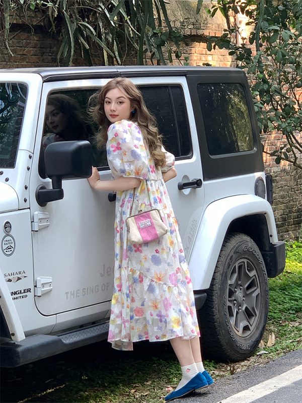 Twilight Galaxy Floral Dress - Women's Vintage French Retro Puff Sleeve Long Dress for Summer Vacation Style