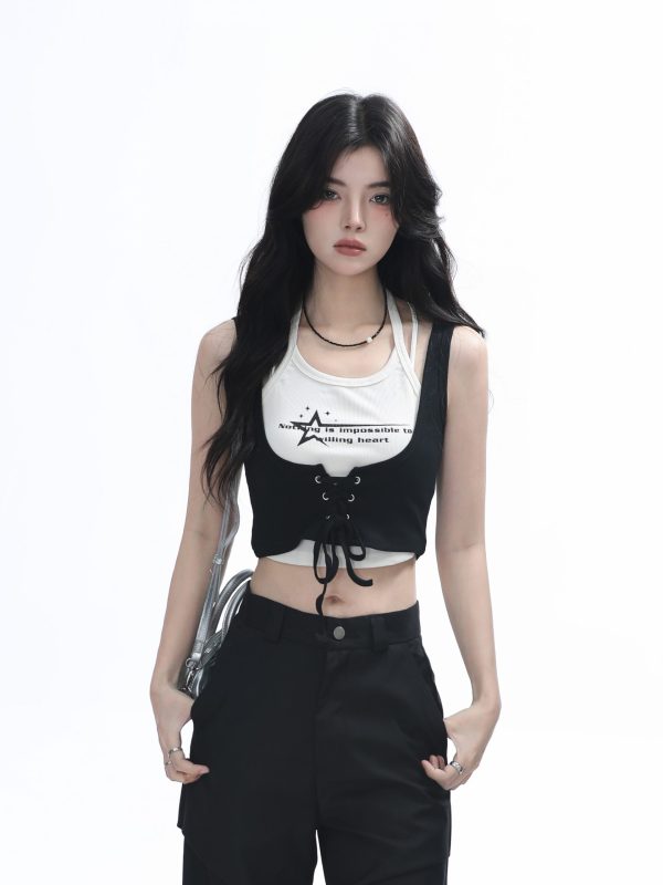 Two-Piece Halter Crop Top for Women with Unique Patchwork Design - Spicy Girl Style, Perfect for 90s and Y2K Fashion Lovers