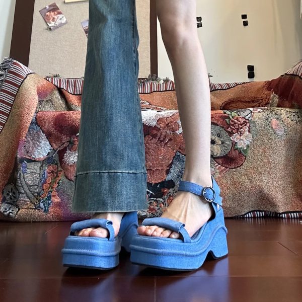 Ultra-Thick Platform Denim Sandals with One-Strap Buckle, Open-Toe Wedge for Petite Women, Roman Beach Style