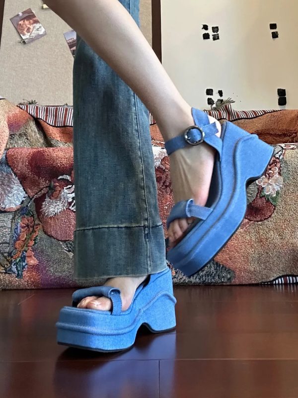 Ultra-Thick Platform Denim Sandals with One-Strap Buckle, Open-Toe Wedge for Petite Women, Roman Beach Style