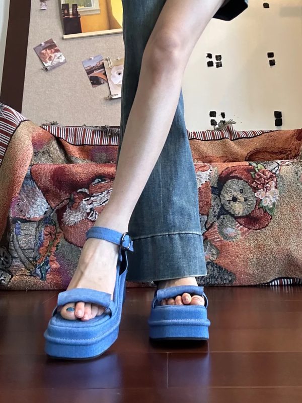 Ultra-Thick Platform Denim Sandals with One-Strap Buckle, Open-Toe Wedge for Petite Women, Roman Beach Style
