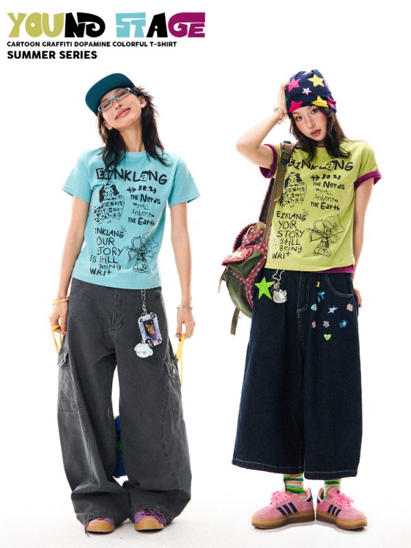 Unique Fun Print Short Sleeve T-Shirt for Women, Summer Slim Fit Casual Top, 90s Inspired Fashion, Trendy Summer Wear