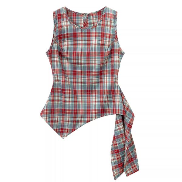 Unique Red Plaid Vest for Women - Sleeveless Summer Top with Ribbon Design, Stylish and Chic Fashion Essential