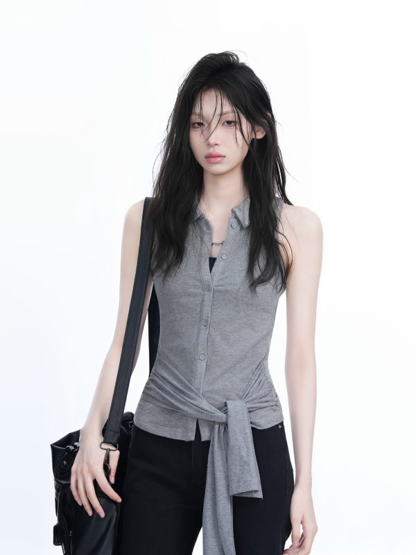 Unique Sleeveless T-Shirt for Women with Cinched Waist and Button Cardigan Design - Trendy Casual Style