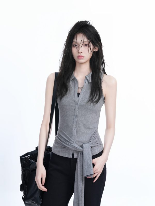 Unique Sleeveless T-Shirt for Women with Cinched Waist and Button Cardigan Design - Trendy Casual Style