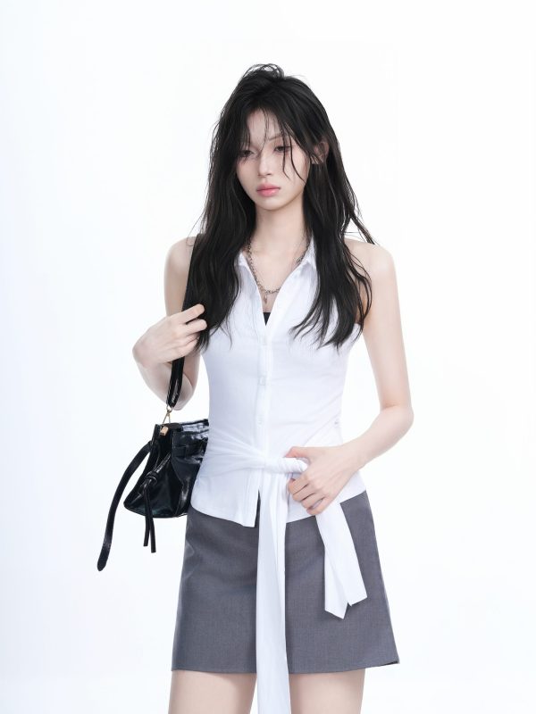 Unique Sleeveless T-Shirt for Women with Cinched Waist and Button Cardigan Design - Trendy Casual Style