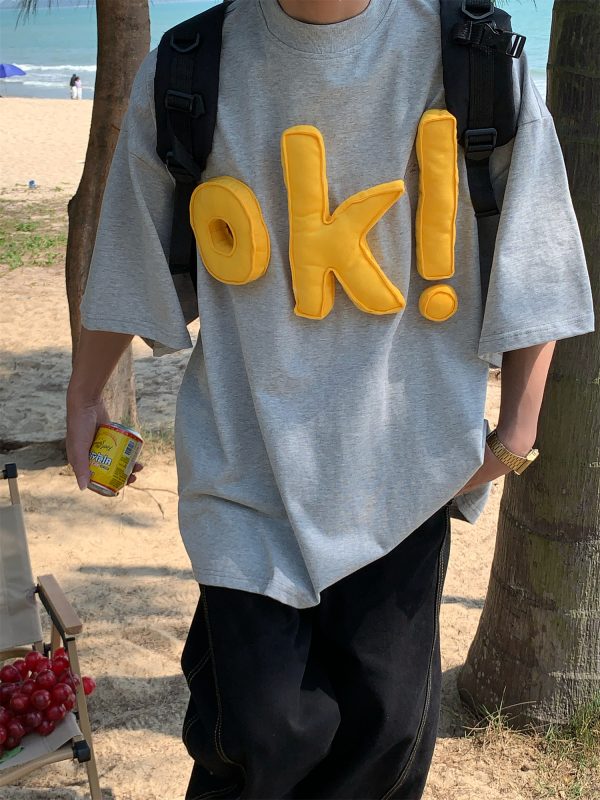 Unisex 3D OK Letter Printed Short Sleeve T-Shirt - Casual Vintage Summer Top, Loose Fit, Perfect for Y2K and Street Style