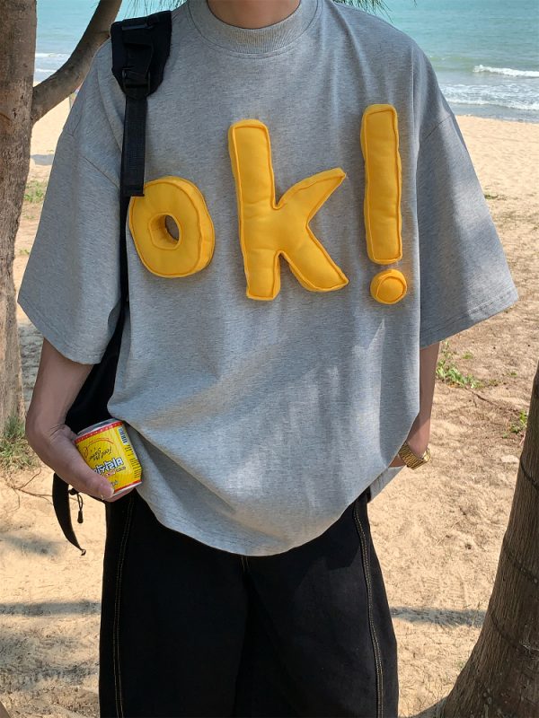 Unisex 3D OK Letter Printed Short Sleeve T-Shirt - Casual Vintage Summer Top, Loose Fit, Perfect for Y2K and Street Style