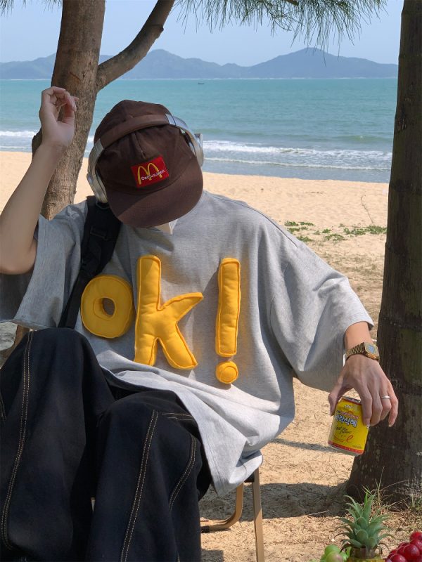 Unisex 3D OK Letter Printed Short Sleeve T-Shirt - Casual Vintage Summer Top, Loose Fit, Perfect for Y2K and Street Style