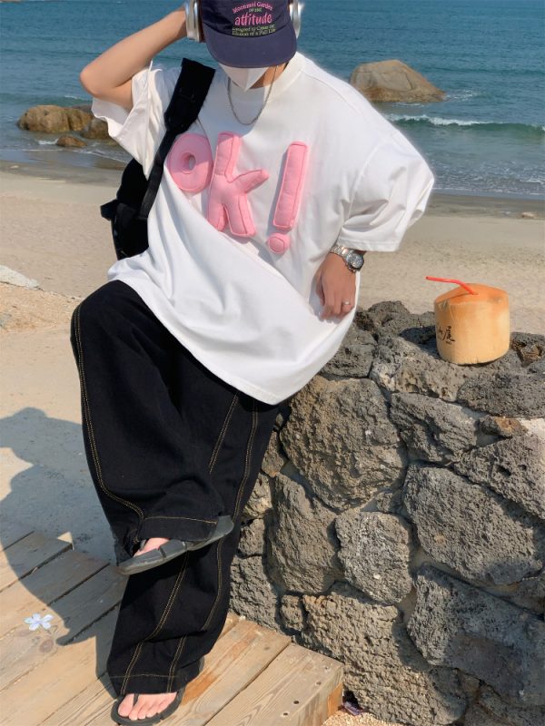 Unisex 3D OK Letter Printed Short Sleeve T-Shirt - Casual Vintage Summer Top, Loose Fit, Perfect for Y2K and Street Style