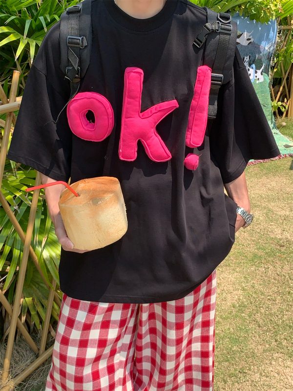 Unisex 3D OK Letter Printed Short Sleeve T-Shirt - Casual Vintage Summer Top, Loose Fit, Perfect for Y2K and Street Style
