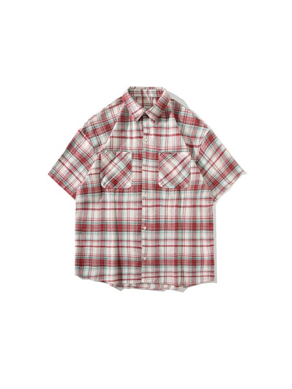 Unisex American Retro Brushed Plaid Short Sleeve T-Shirt - Casual Loose Fit Summer Shirt for Couples