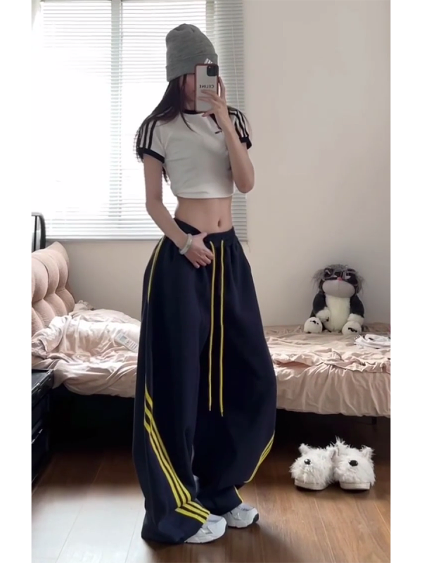 Unisex American Retro Color-Blocking Wide-Leg Cargo Pants - 90s Inspired, Spring 2025 Loose Casual Sportswear