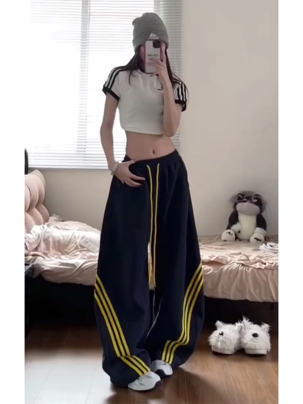 Unisex American Retro Color-Blocking Wide-Leg Cargo Pants - 90s Inspired, Spring 2025 Loose Casual Sportswear